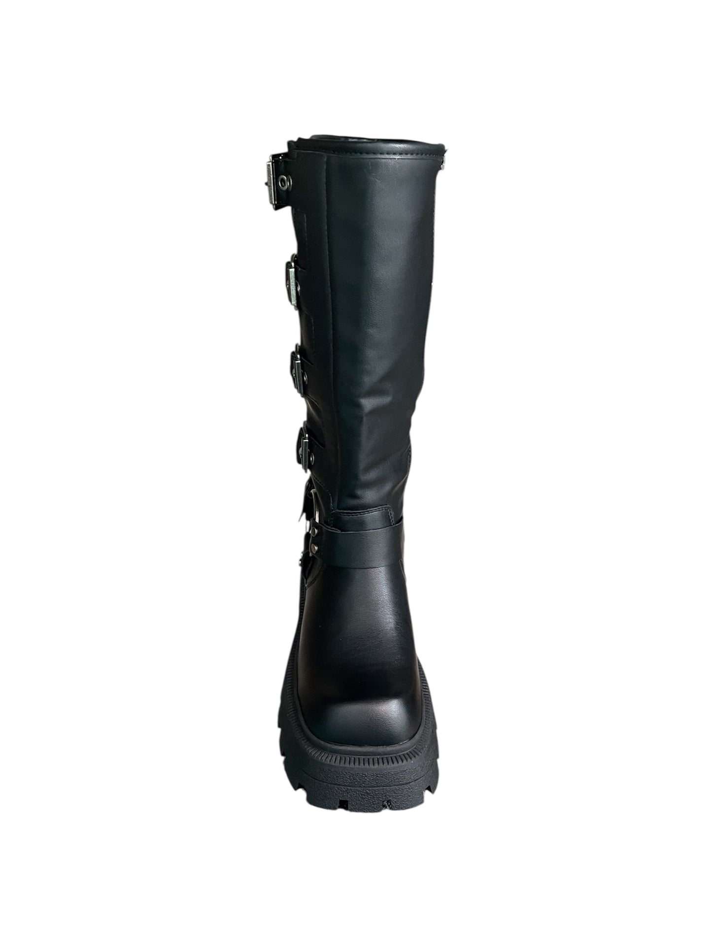 Bota Efecto Cuero Negro Con Hebilla y Plataform