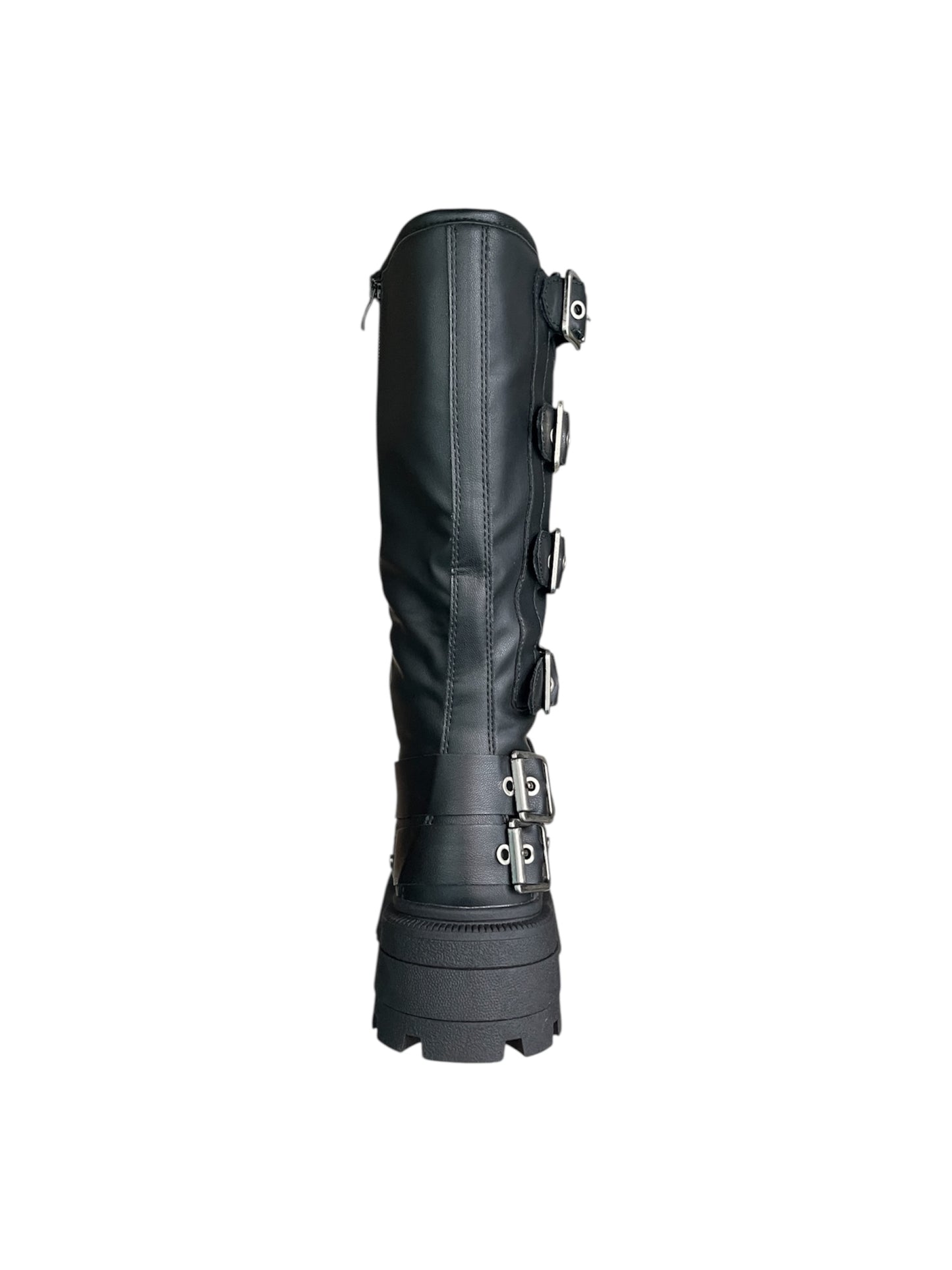 Bota Efecto Cuero Negro Con Hebilla y Plataform