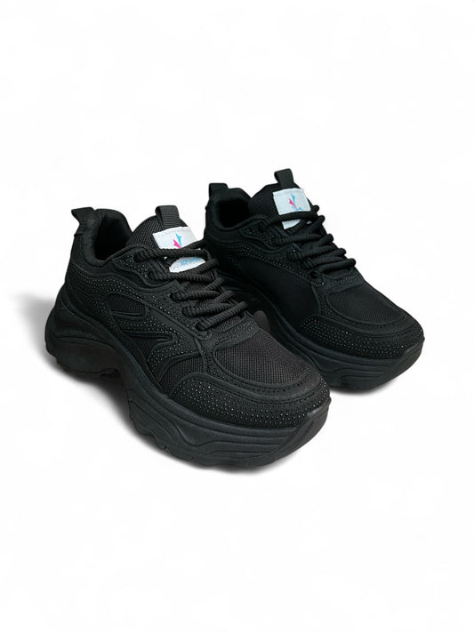 Zapatilla Mujer M110 Efecto Gamuza Negra Con Brillos